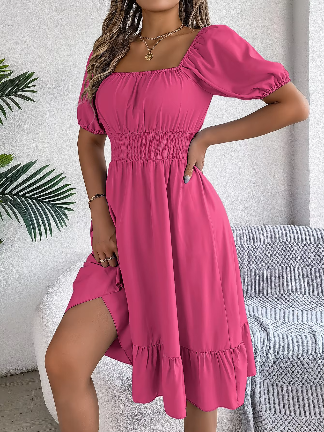 Riley™ - Abito di lino con collo a V e maniche corte elegante