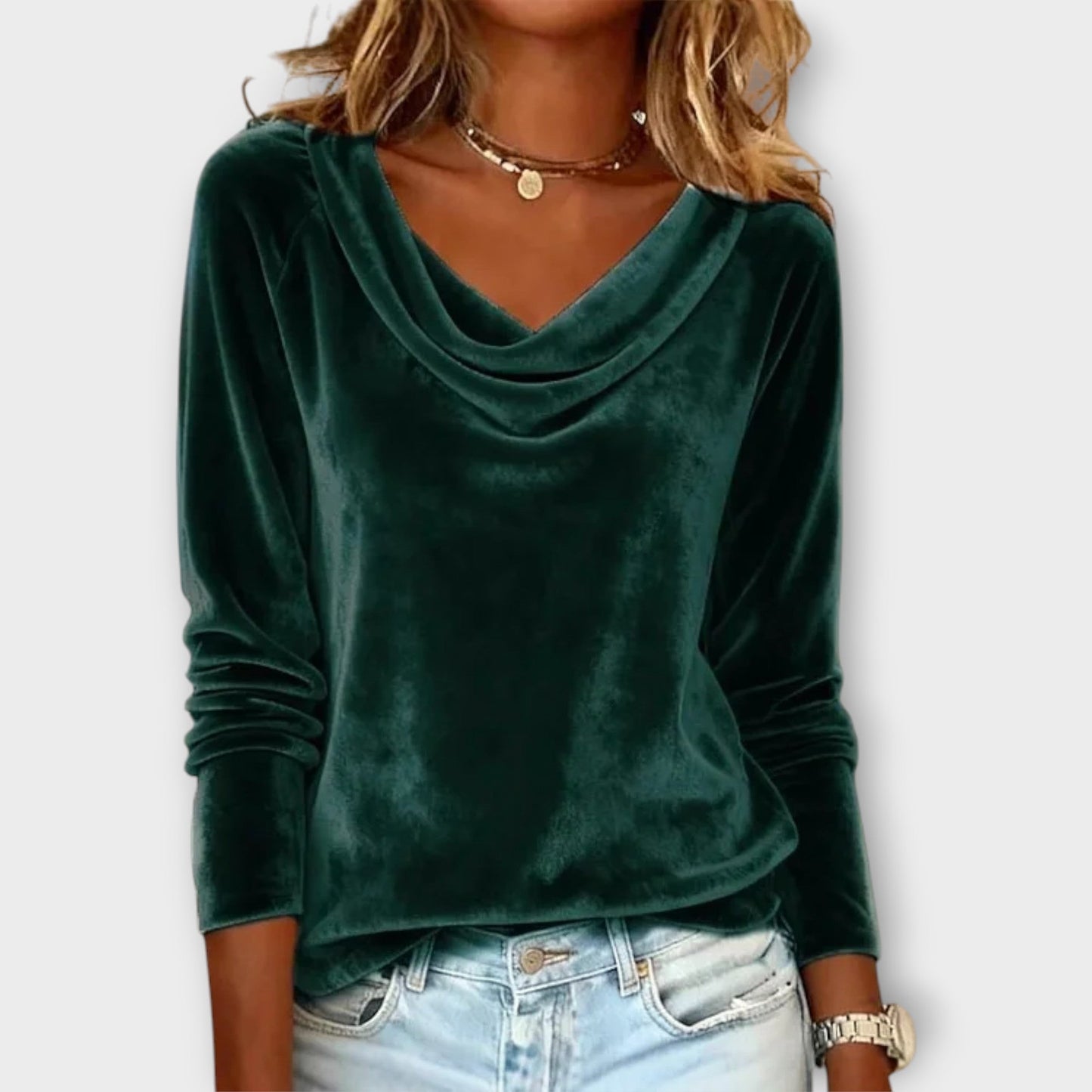 Top largo con scollo drappeggiato in terciopelo