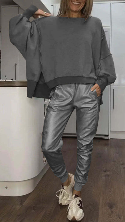 Top Casual di Collo rotondo per Donna + Pantaloni di Cuero