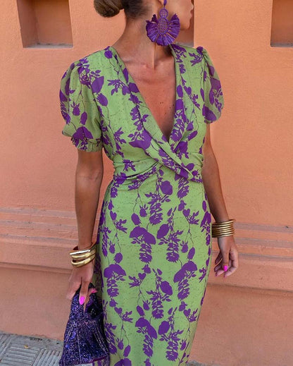 Aria™ - Elegante Abito maxi con Scollo a V e Motivo di Foglie