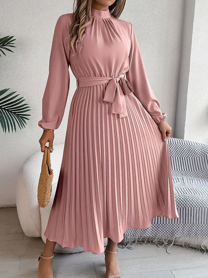 Abito midi Plissettato di Manica lunga per Donne con Vita con Cintura