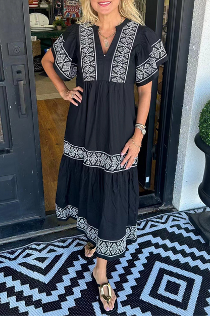 SORAYA – ABITO A-LINE CON SCOLLO A V E STAMPA GEOMETRICA