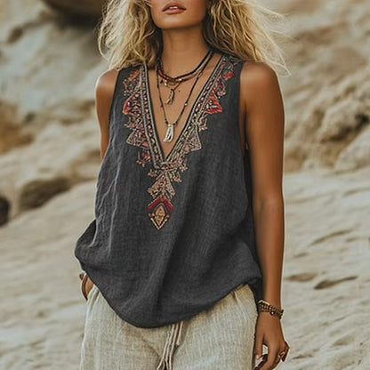 Aleka™ - TOP DI LINO VINTAGE BOHO SENZA MANICHE