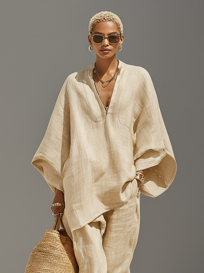 Completo Neutro in lino per donna con Orlo asimmetrico e Design minimalista, Stile Quotidiano-Casual Sofisticato