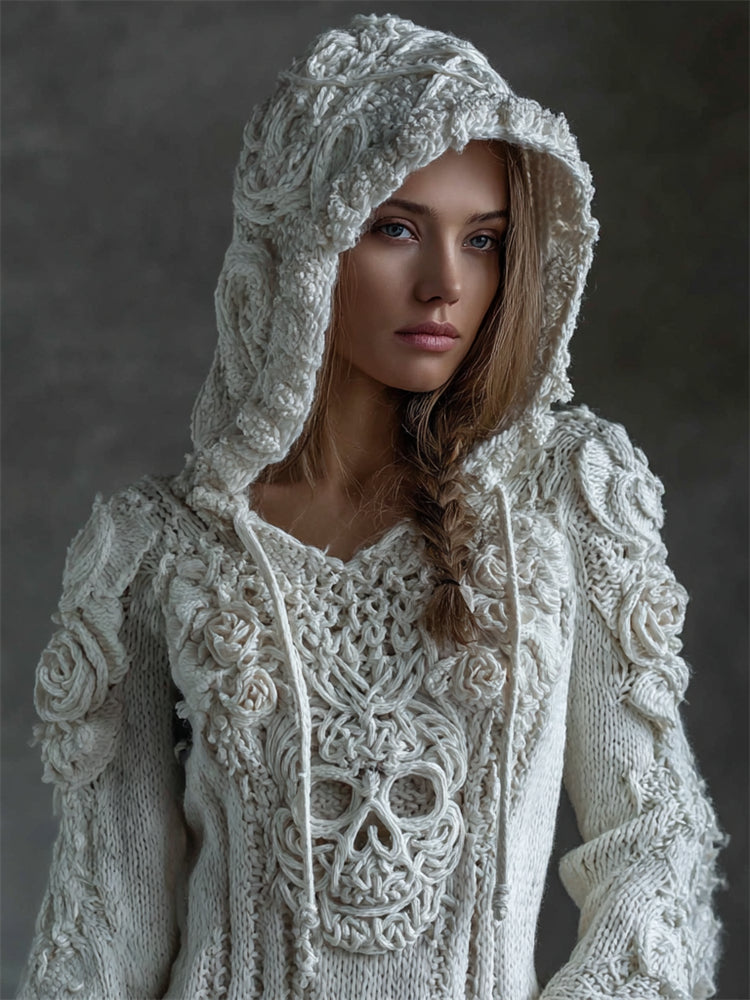 Maglione in maglia caldo e morbido con cappuccio di teschio celtico vichinga e rose blancas vintage