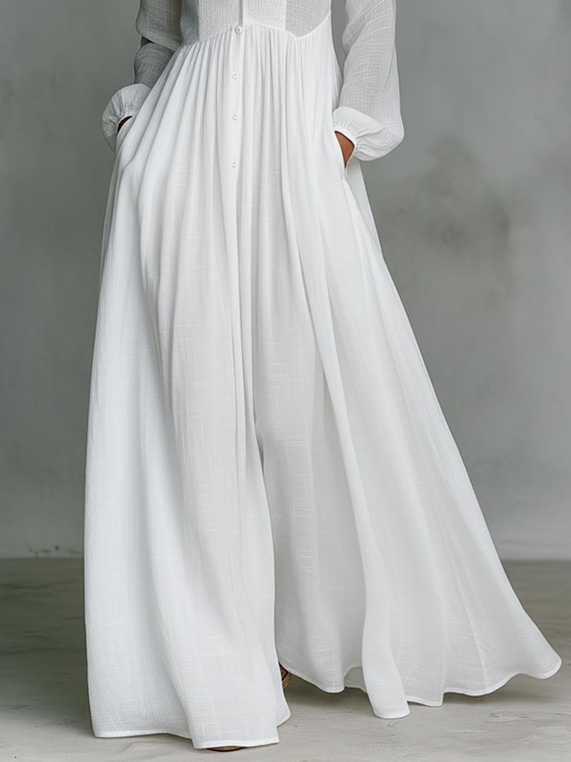 Abito maxi Minimalista in cotone e Lino con Pannelli di Patchwork, Collo alto e Maniche lunghe