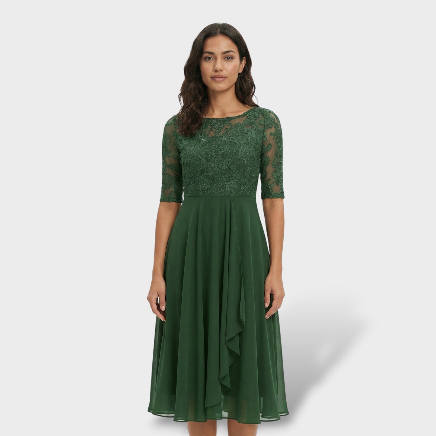 Abito Festa Pizzo E Chiffon Midi