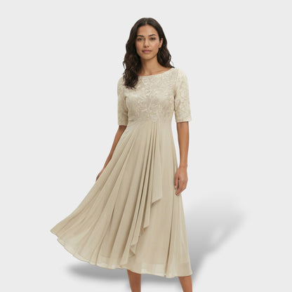 Abito Festa Pizzo E Chiffon Midi