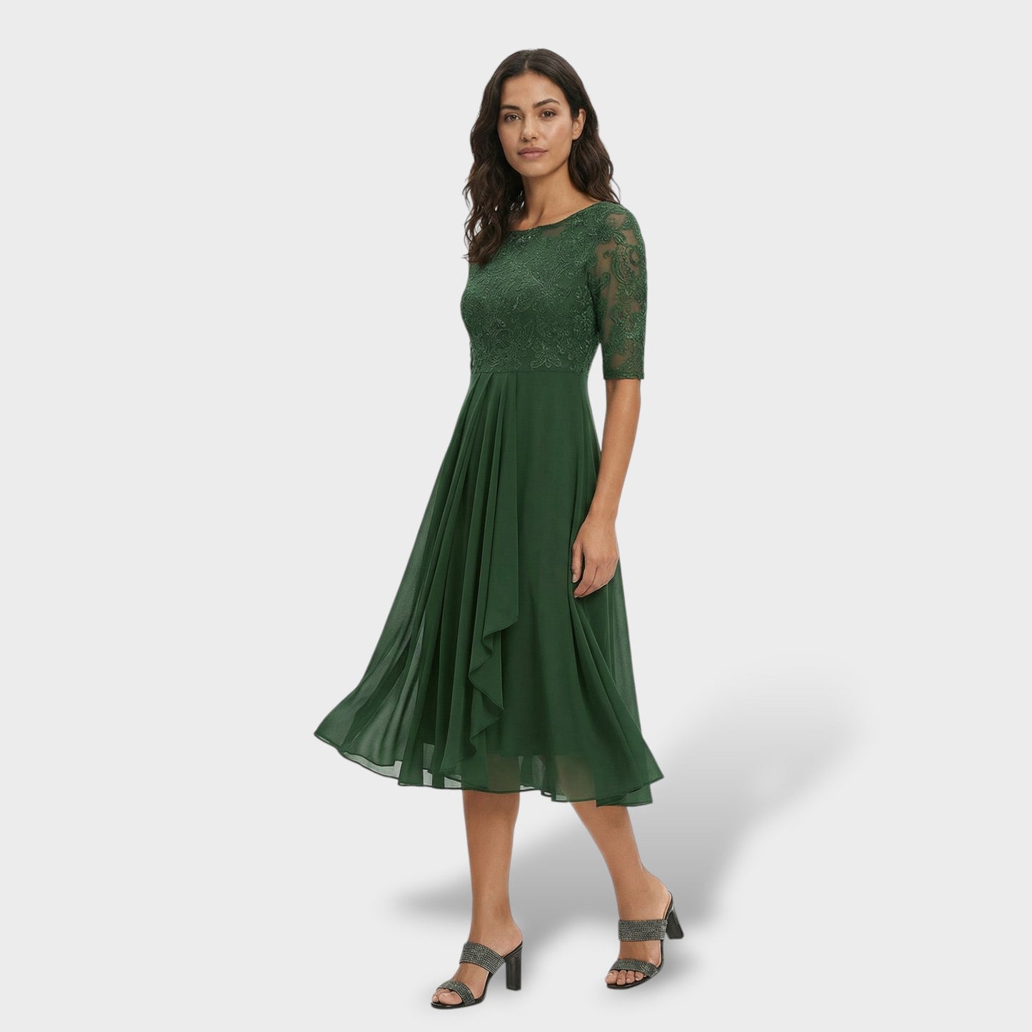 Abito Festa Pizzo E Chiffon Midi