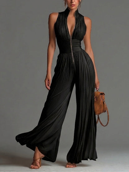 Jumpsuit senza maniche di collo a V nero con cerniera e plissettato di gambe larghe in chiffon