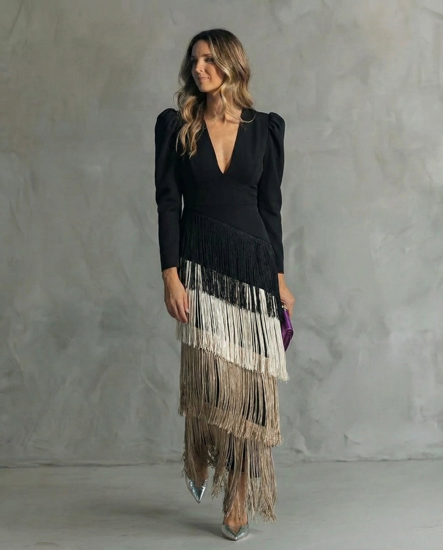 Clara ™ | Abito midi Elegante con Maniche di Frange