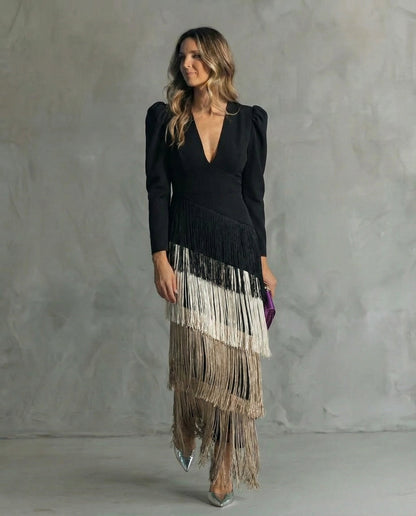 Clara ™ | Abito midi Elegante con Maniche di Frange