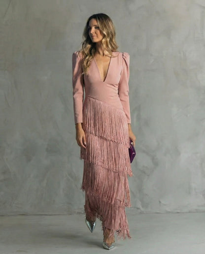 Elara™ | Elegante abito midi con maniche di frange