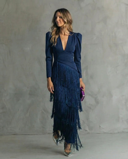 Clara ™ | Abito midi Elegante con Maniche di Frange