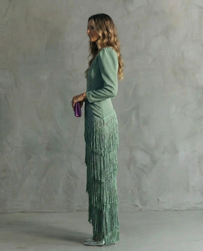 Elara™ | Elegante abito midi con maniche di frange