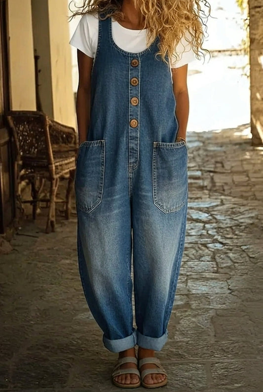 Nancy | Pantalone Salopette di Denim di Cotone Lavaggio Vintage