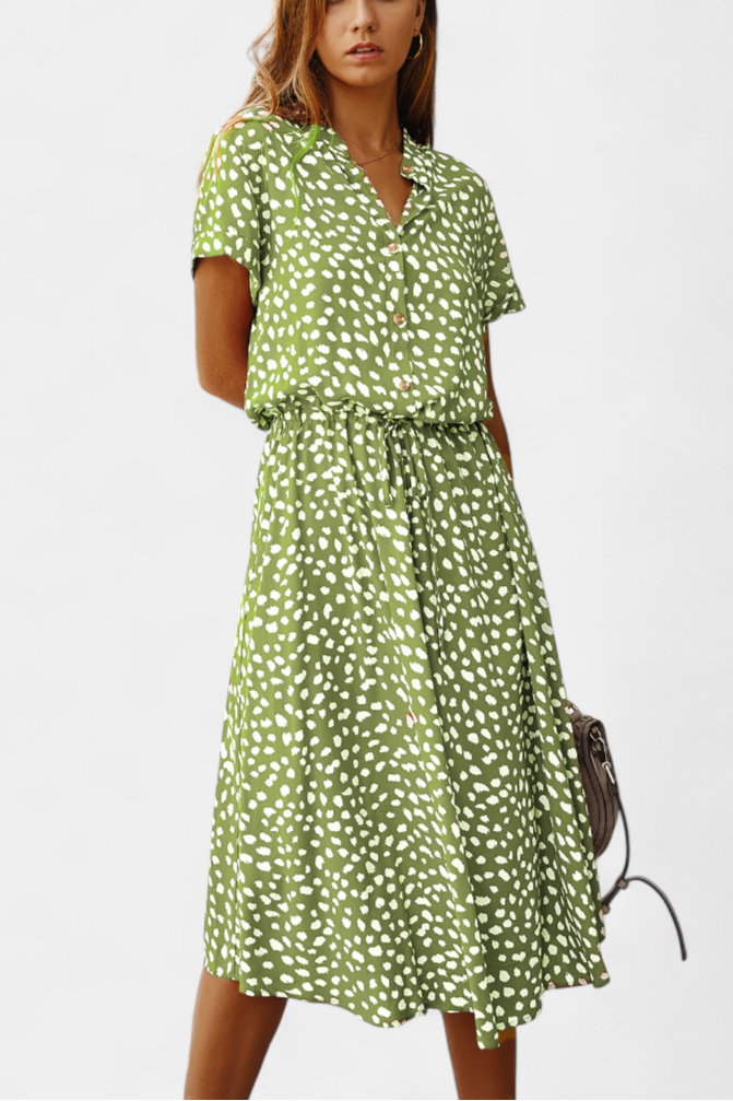 Rovena Abito midi di Pois con Collo Camisero e Vita Regolabile
