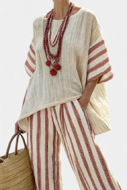 Braelith | Top a Righe Rustico Elegante e Pantaloni di Lino Crema