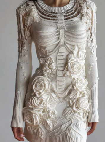 Mini Abito di Maglione di Maglia Acogedor con Calavera di Rosa Blanca Vintage da donna
