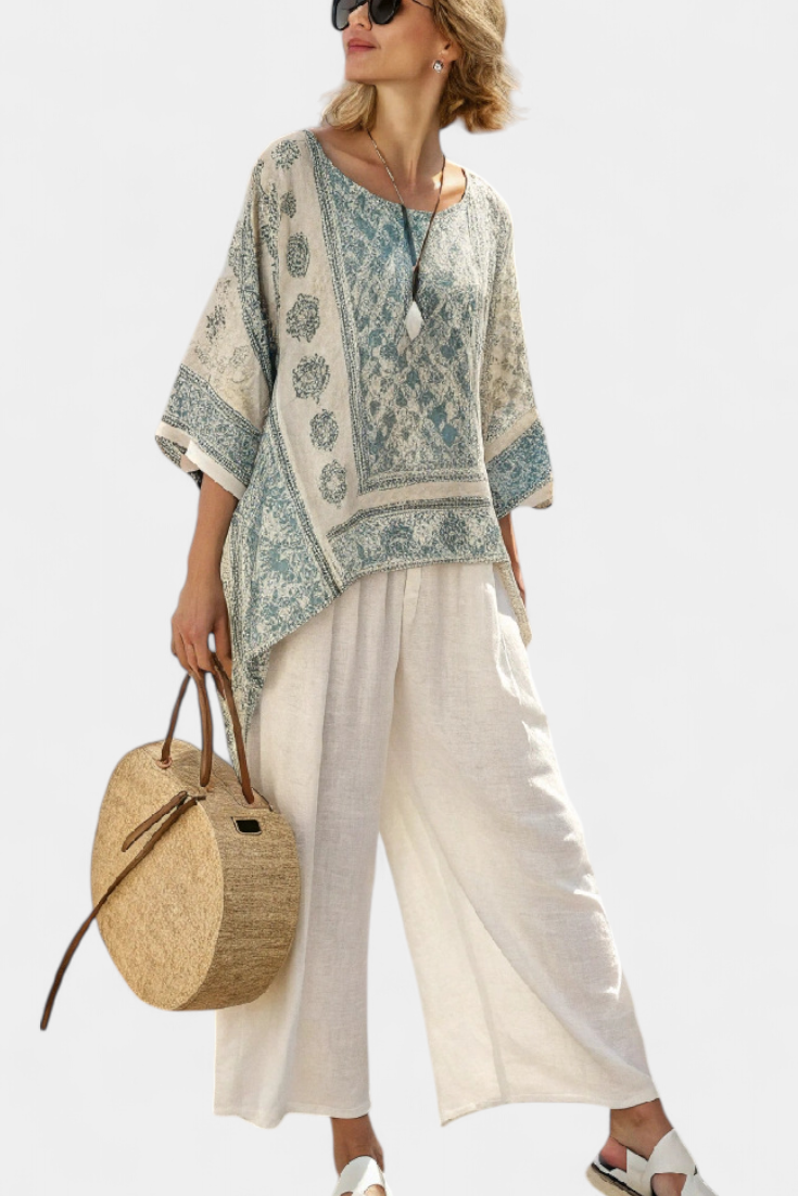 Quinley | Blusa Impresa Comoda e Pantaloni Blancos di gamba ampia