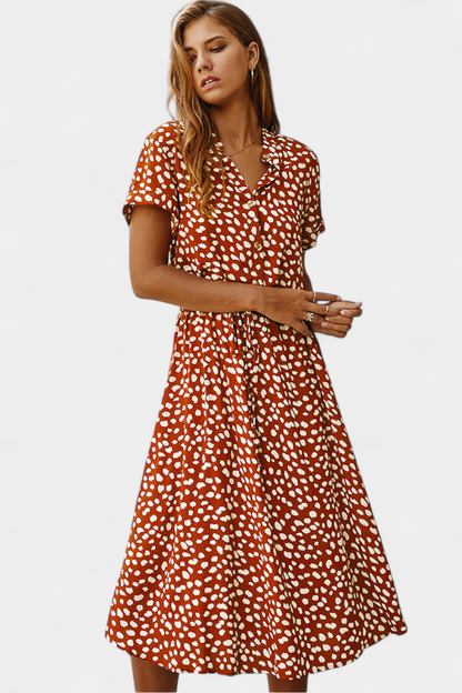 Rovena Abito midi di Pois con Collo Camisero e Vita Regolabile