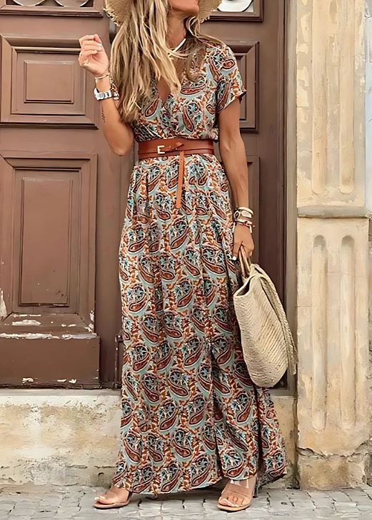 Briony – Abito lungo elegante con stampa paisley e cintura