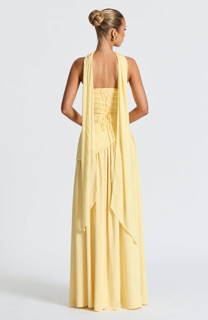 Abito maxi senza spalline per donna con spacco alto e vita asimmetrica
