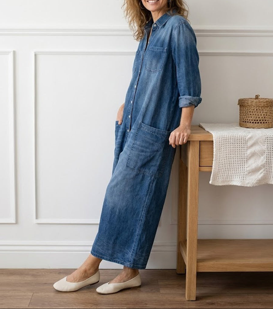 Saylor - Pantalone di Spalline di Denim di Cotone Lavaggio Vintage con Chiusura di Bottone