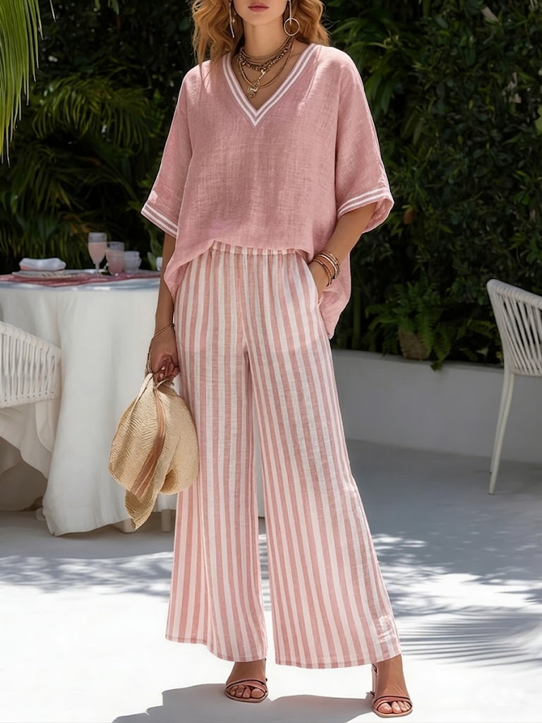 Amélia | Completo elegante e Casual in lino e Cotone con Righe