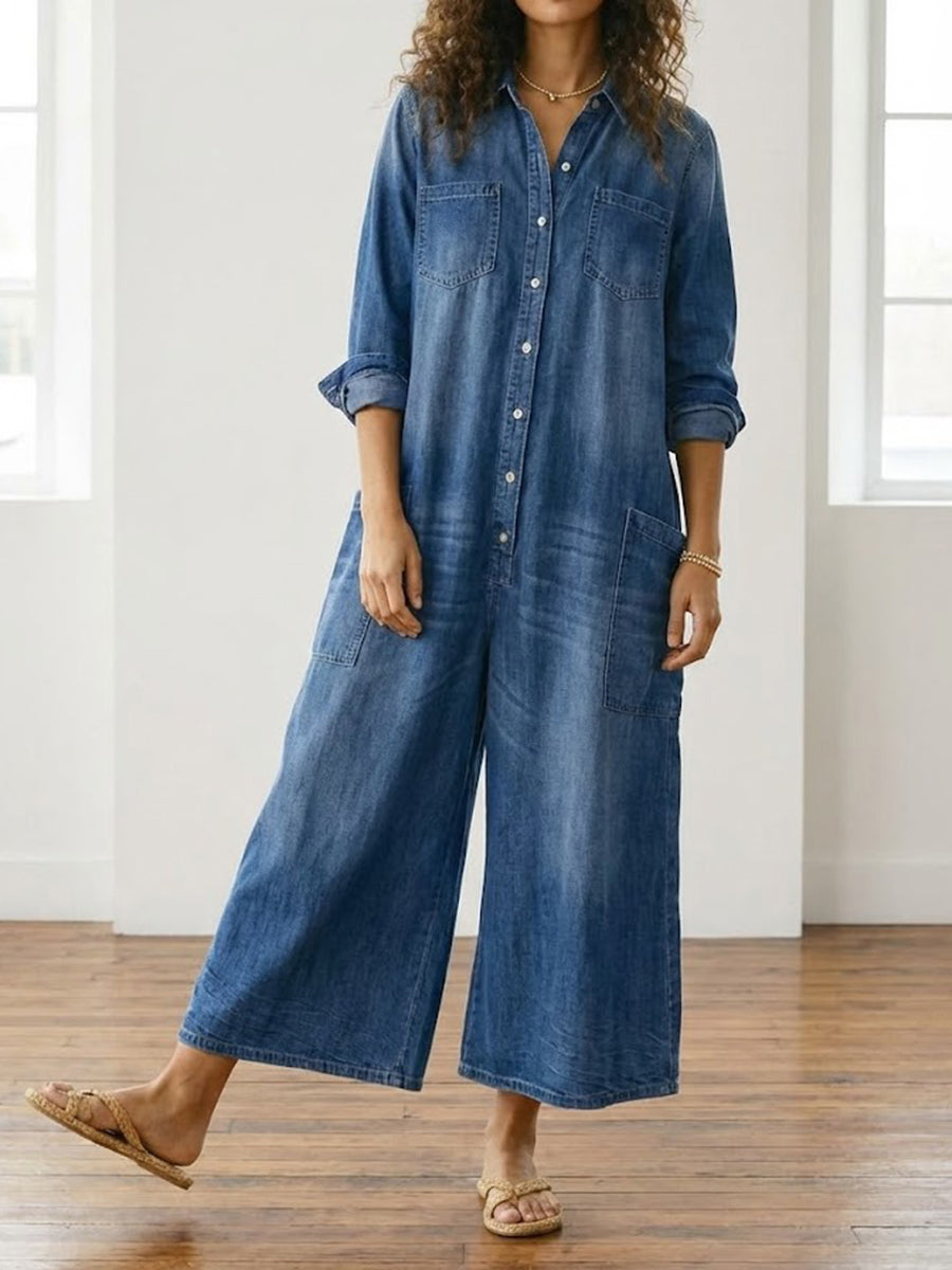 Saylor - Pantalone di Spalline di Denim di Cotone Lavaggio Vintage con Chiusura di Bottone