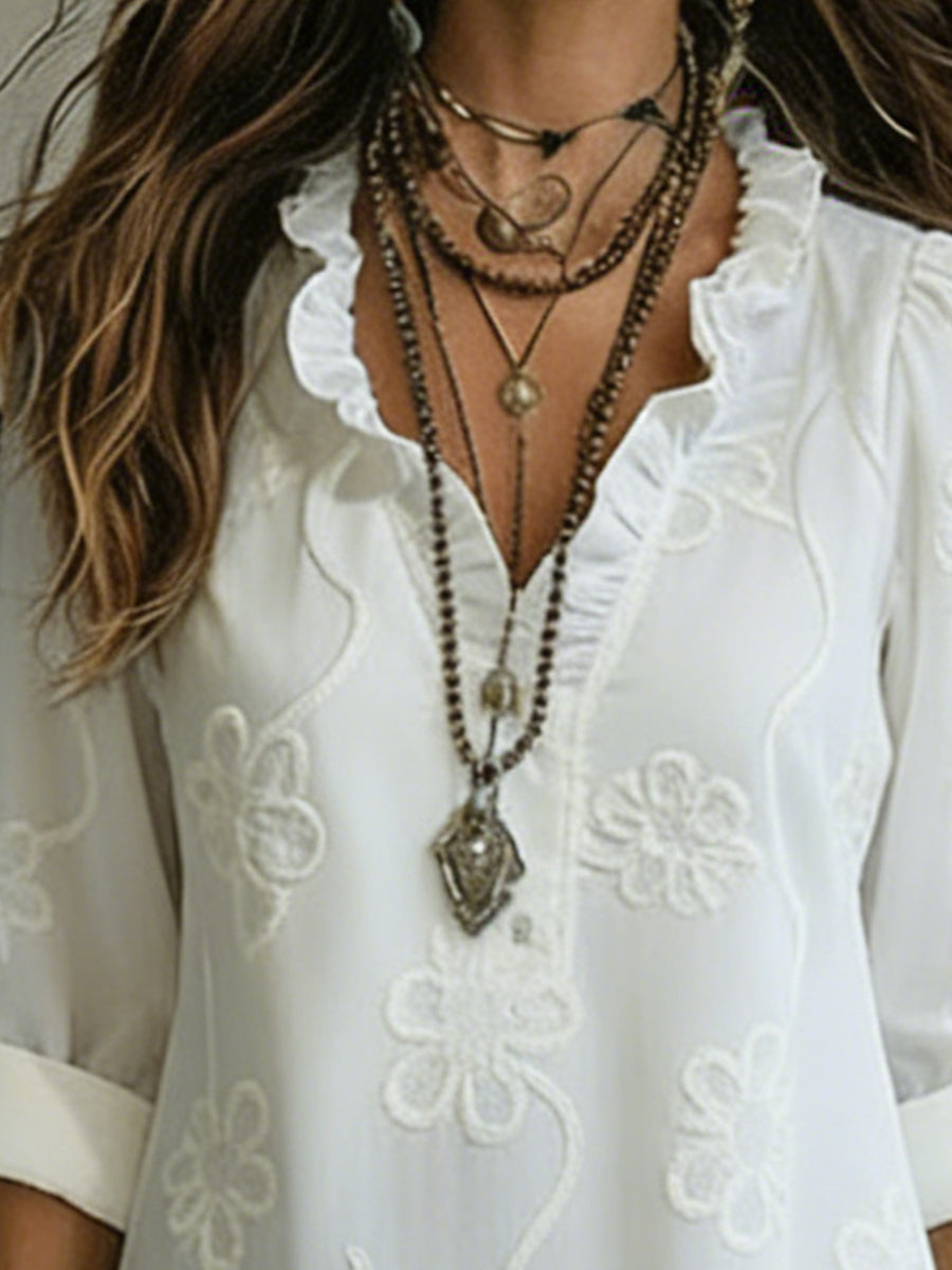 Lilou | Abito retrò di taglio ad A con fiori e collo con volant