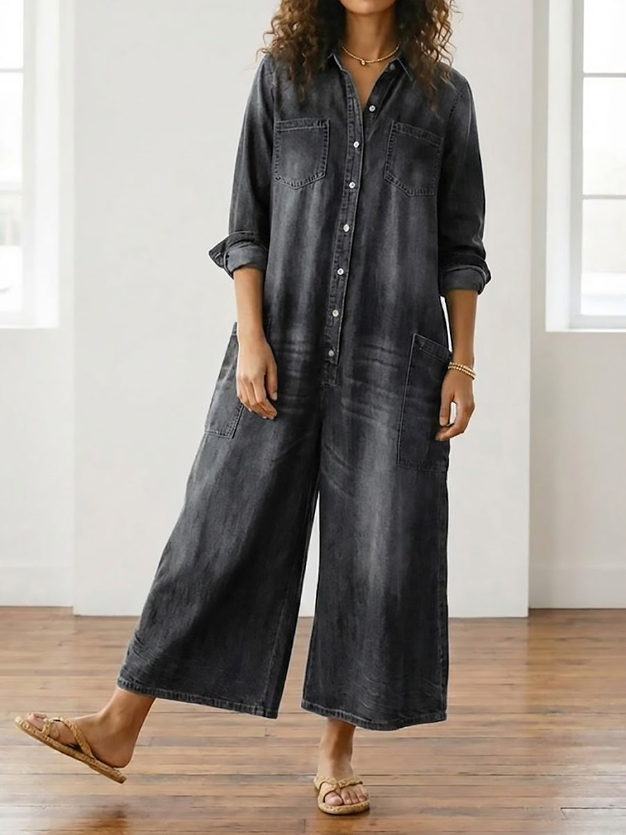 Saylor - Pantalone di Spalline di Denim di Cotone Lavaggio Vintage con Chiusura di Bottone