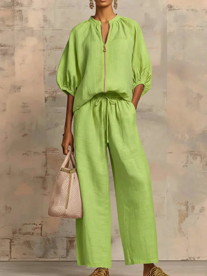 Alba | Camicia di Bottoni Rilassata e Pantaloni a gamba larga Coordinati