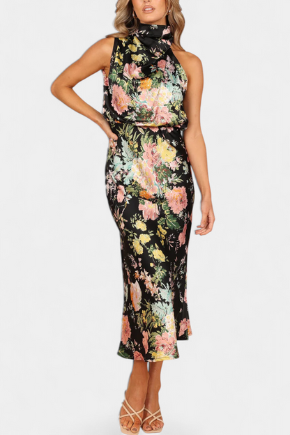 Lisa Abito maxi Floreale con Collo halter e Vita Elástica
