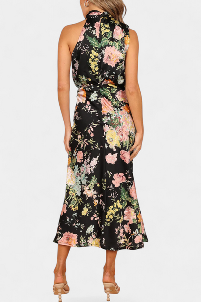 Lisa Abito maxi Floreale con Collo halter e Vita Elástica