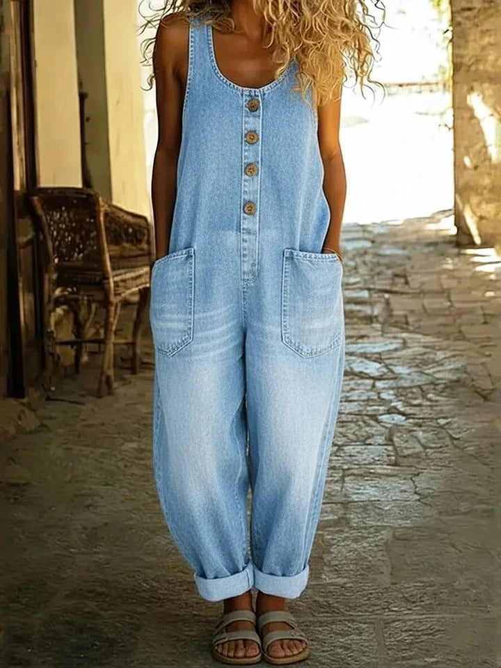 Nancy | Pantalone Salopette di Denim di Cotone Lavaggio Vintage