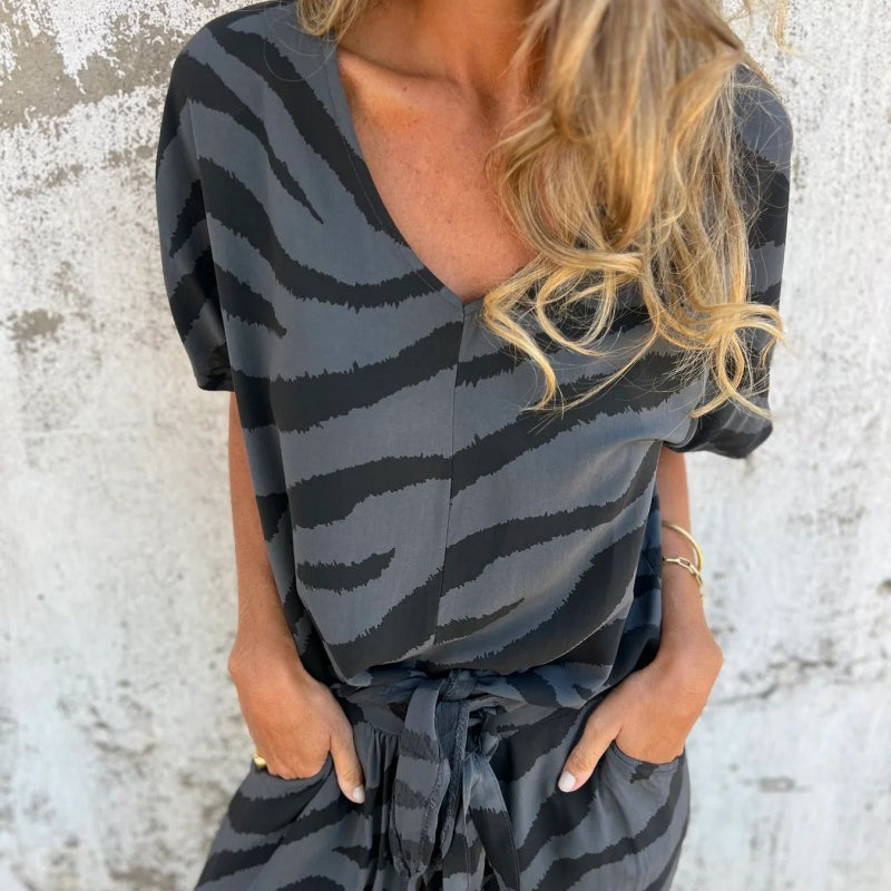 Evelina | Top e Pantaloni di collo a V con Stampa di Cebra
