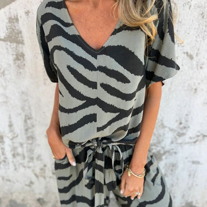 Evelina | Top e Pantaloni di collo a V con Stampa di Cebra