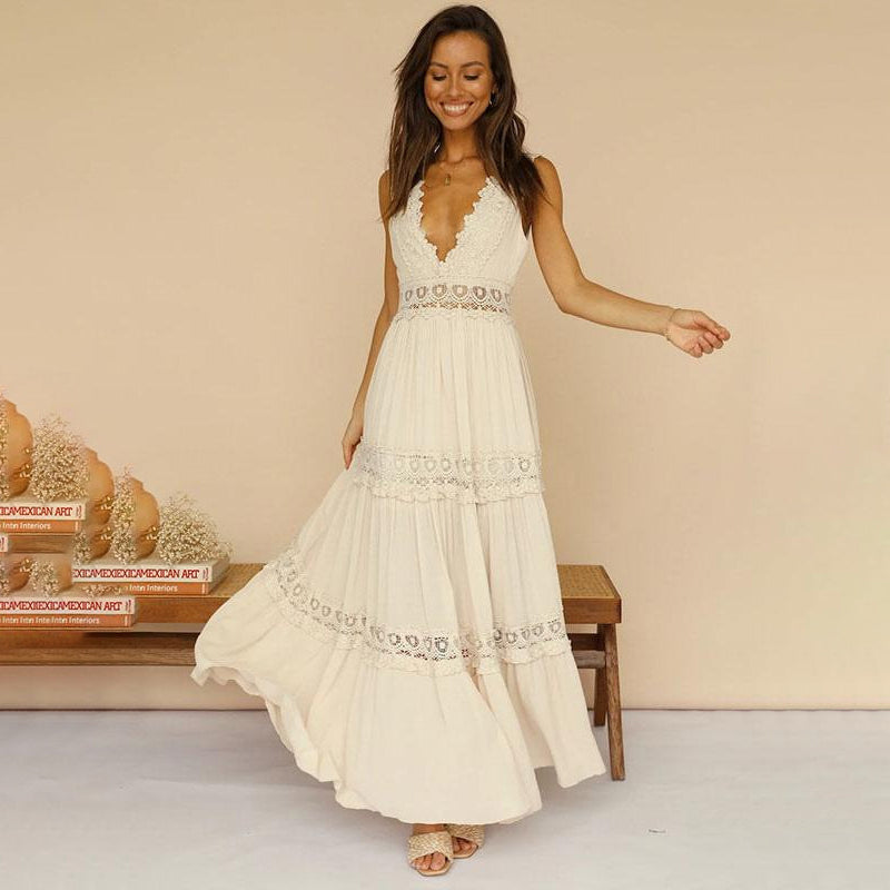 Nancy – Abito maxi con Espalda di Pizzo e Scollo a V