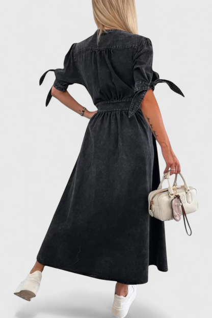 Adelina Abito midi in denim con Bottoni e scollo a V