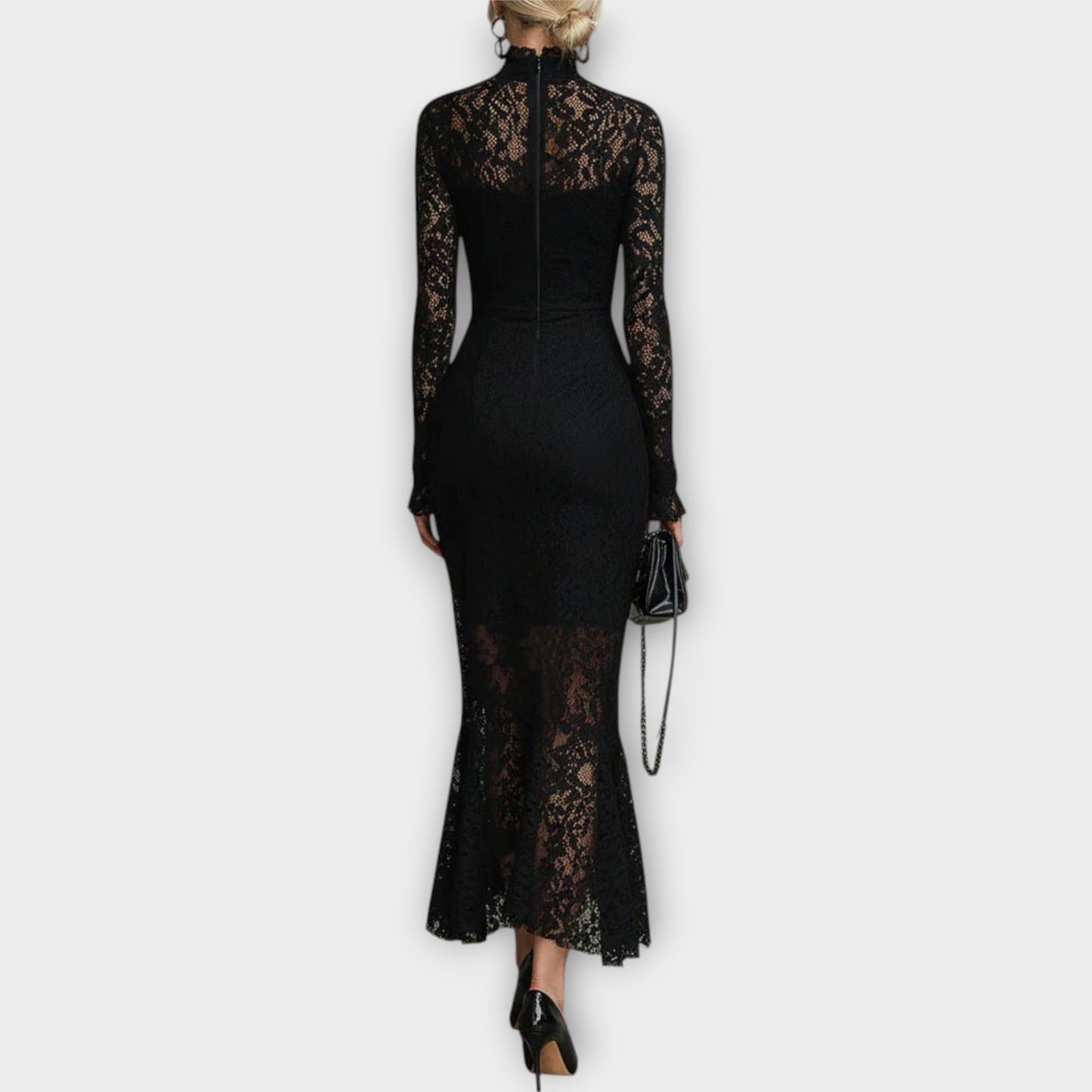 Abito midi Elegante in pizzo con Collo alto