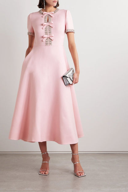 Abito midi Rosa con Fiocco e Cristales